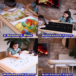 Wooden Kids Arts & Crafts Table, Montessori Sensory Play Table With Chair, Solid Birch Wood Childrens Desk Cup Holder, Playroom Decor - thumbnail 3