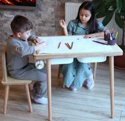 Wooden Kids Arts & Crafts Table, Montessori Sensory Play Table With Chair, Solid Birch Wood Childrens Desk Cup Holder, Playroom Decor