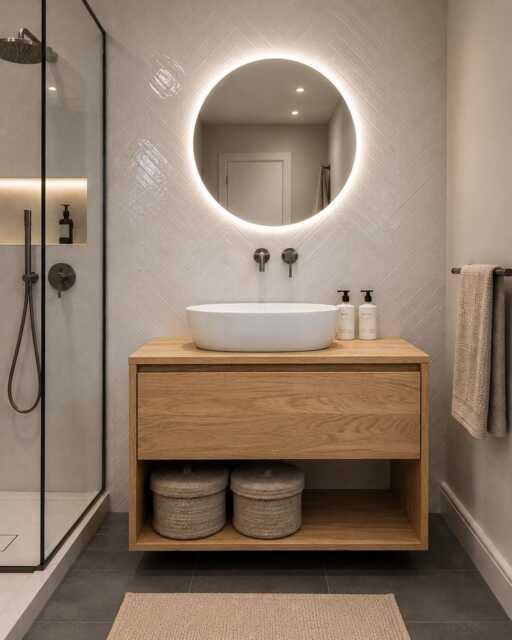 Solid Oak Wood Floating Bathroom Vanity Unit - Wall Hung Cabinet With Drawer, Open Shelf Decor - image 1