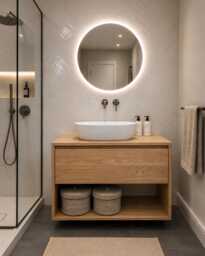 Solid Oak Wood Floating Bathroom Vanity Unit - Wall Hung Cabinet With Drawer, Open Shelf Decor - thumbnail 1