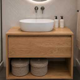 Solid Oak Wood Floating Bathroom Vanity Unit - Wall Hung Cabinet With Drawer, Open Shelf Decor - thumbnail 2