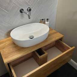 Solid Oak Wood Floating Bathroom Vanity Unit - Wall Hung Cabinet With Drawer, Open Shelf Decor - thumbnail 3