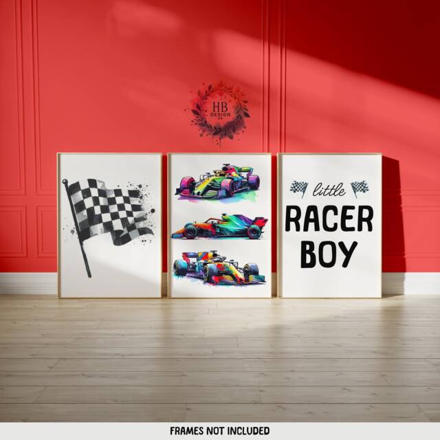 Racing Car Poster Prints - Set Of 3 Posters - Little Racer Dude Nursery Race Playroom Wall Art Boys Bedroom Decor Kids Cars Gifts - image 1