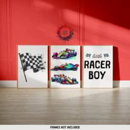 Racing Car Poster Prints - Set Of 3 Posters - Little Racer Dude Nursery Race Playroom Wall Art Boys Bedroom Decor Kids Cars Gifts - thumbnail 1