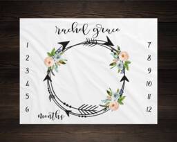 Girl Milestone Blanket Month Growth Tracker Minky Fleece Custom Personalized Baby Shower Gift Watercolor Floral Newborn - thumbnail 1