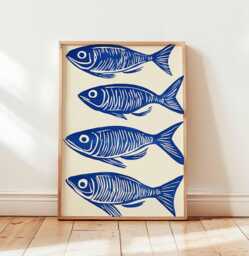 Blue Fish Wall Art, Nautical Kitchen Poster, Coastal Print, Scandinavian Sea Decor, Bold Linocut Artwork - thumbnail 1