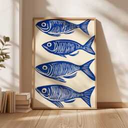 Blue Fish Wall Art, Nautical Kitchen Poster, Coastal Print, Scandinavian Sea Decor, Bold Linocut Artwork - thumbnail 2