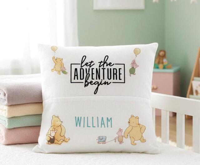 Personalised Pooh Bear Piglet Pocket Pillow Kids Bedroom Decoration, Baby Shower Gift - image 1
