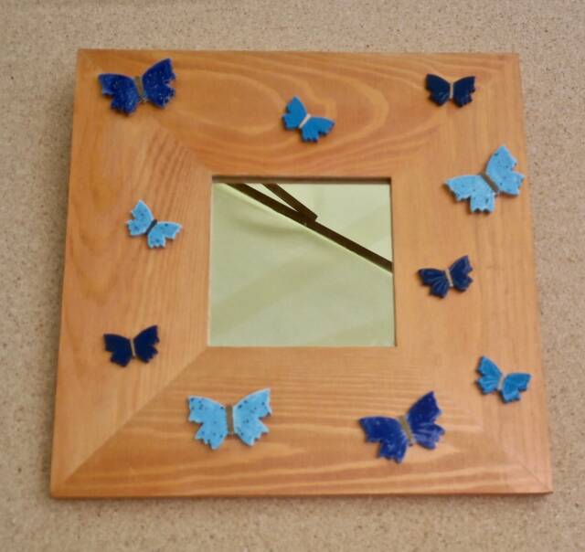 Blue Butterfly Mirror Golden Wood Frame, Handmade Ceramic Butterflies - image 1