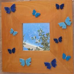 Blue Butterfly Mirror Golden Wood Frame, Handmade Ceramic Butterflies - thumbnail 2