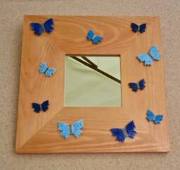 Blue Butterfly Mirror Golden Wood Frame, Handmade Ceramic Butterflies - thumbnail 1