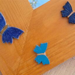 Blue Butterfly Mirror Golden Wood Frame, Handmade Ceramic Butterflies - thumbnail 3