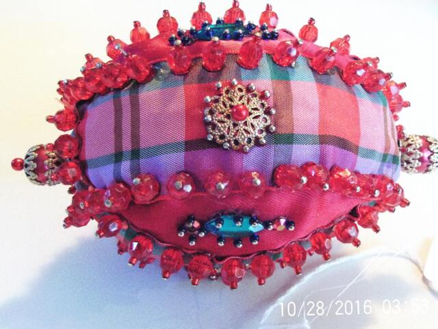 Handmade Plaid Beaded Christmas Ornament, Shatterproof Foam Egg - image 1