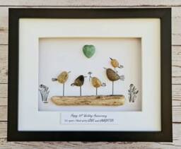Handmade Framed Pebble Art Family Of 5 Birds On Driftwood Wall Art Jade 35Th Wedding Anniversary Gift For Wife Personalised Mothers Day Gift - thumbnail 1