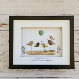 Handmade Framed Pebble Art Family Of 5 Birds On Driftwood Wall Art Jade 35Th Wedding Anniversary Gift For Wife Personalised Mothers Day Gift - thumbnail 2