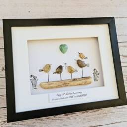 Handmade Framed Pebble Art Family Of 5 Birds On Driftwood Wall Art Jade 35Th Wedding Anniversary Gift For Wife Personalised Mothers Day Gift - thumbnail 3