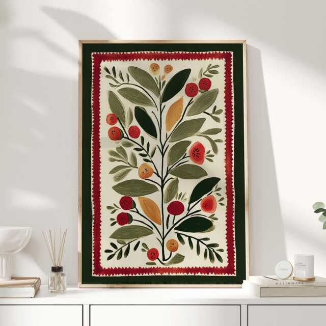 Nordic Folk Art Botanical Print, Red Stitch Border Wall Art, Berry Branch Poster, Scandi Christmas Kitchen Decor - image 1
