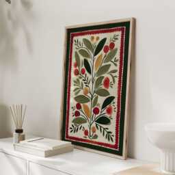 Nordic Folk Art Botanical Print, Red Stitch Border Wall Art, Berry Branch Poster, Scandi Christmas Kitchen Decor - thumbnail 3
