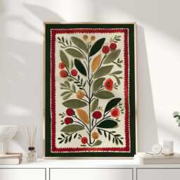 Nordic Folk Art Botanical Print, Red Stitch Border Wall Art, Berry Branch Poster, Scandi Christmas Kitchen Decor - thumbnail 1