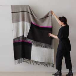 One Of A Kind Wool Mohair Throw, Large Handmade Color Block Blanket, Boho Fringe Throw - thumbnail 4