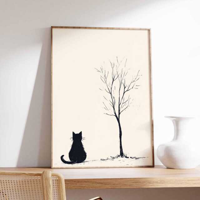 Minimalist Cat & Tree Wall Art Print, Black White Modern Poster, Simple Scandinavian Style Animal Silhouette Artwork - image 1