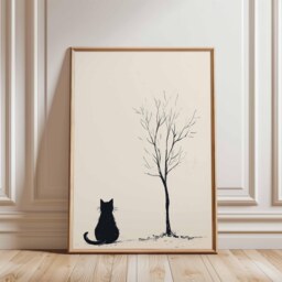 Minimalist Cat & Tree Wall Art Print, Black White Modern Poster, Simple Scandinavian Style Animal Silhouette Artwork - thumbnail 2