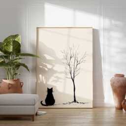 Minimalist Cat & Tree Wall Art Print, Black White Modern Poster, Simple Scandinavian Style Animal Silhouette Artwork - thumbnail 3