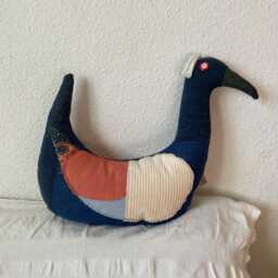 Handmade Upcycled Denim Bird Pillow Whimsical Decorative Cushion - thumbnail 1