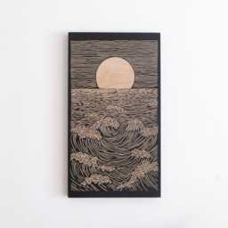 Sunset Waves Engraved Birch Wood Panel - Block Print Inspired Coastal Wall Art, Surf Life Illustration Print, Nautical Home Decor Gift - thumbnail 2