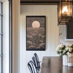 Sunset Waves Engraved Birch Wood Panel - Block Print Inspired Coastal Wall Art, Surf Life Illustration Print, Nautical Home Decor Gift - thumbnail 1