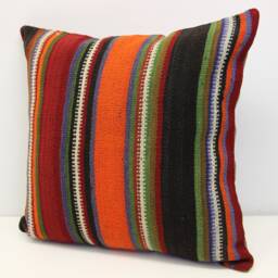 Handmade Kilim Pillow Cover 20x20, Retro Striped Cushion - thumbnail 3