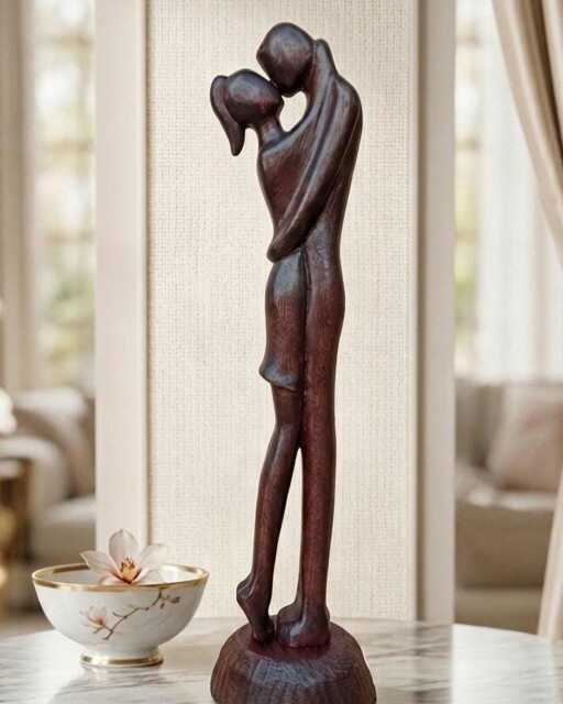 Wood Sculpture First Kiss Handcarved Wood Couple Statue Boho Decor - image 1