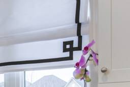 Relaxed Roman Shade, White Linen With Black Greek Key Border, Custom Window Treatment