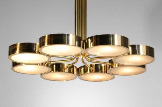 1950S Mid-Century Italian Brass Sputnik Chandelier - 8 Drum Lights - image 1