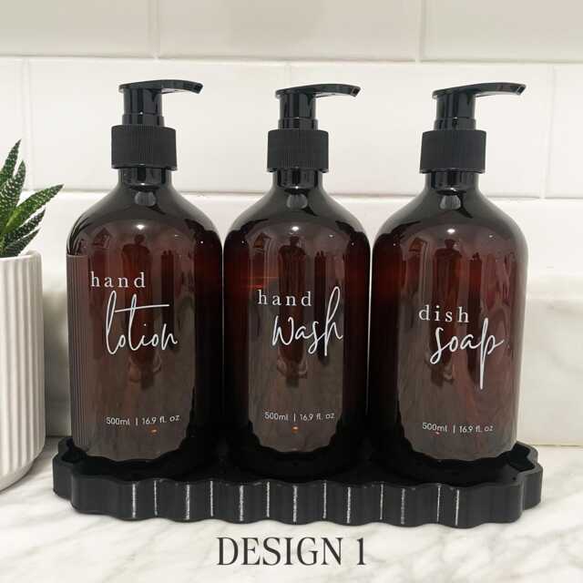 3 Piece Amber Kitchen Bottle Set - Dish Soap, Hand Wash, Lotion 500Ml Pump Dispensers Tidy Organisation - image 1