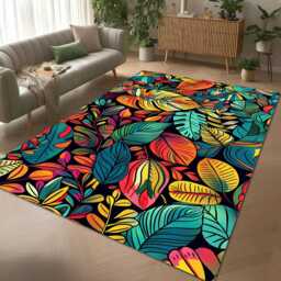 Tropical Leaf Area Rug - Colorful Jungle Botanical Floor Mat - thumbnail 2