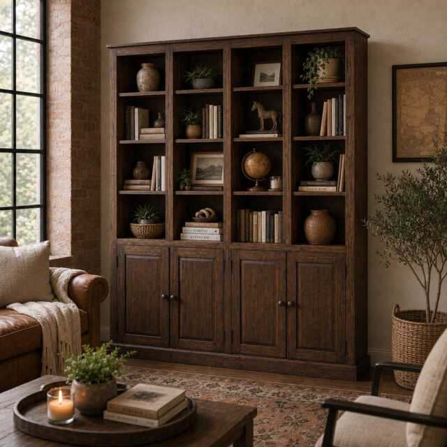 Dark Wood Library Bookcase With Doors, 7.5Ft Tall Shelving Unit - image 1