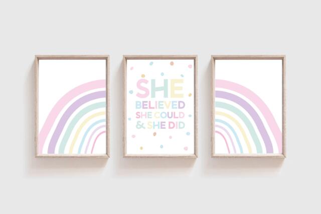 Set Of 3, Girls Nursery Wall Art, Rainbow Prints, Bedroom Decor - image 1