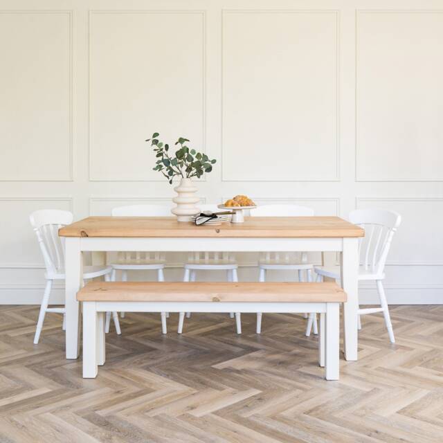 Contemporary Dining Table & Bench Set - Farmhouse Rustic Wood Handmade To Any Size 6Ft 8 Seater Weathered Oak Tapered Leg - image 1