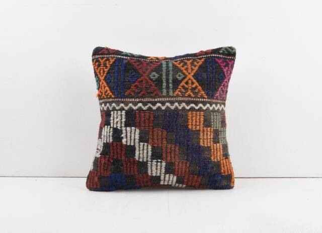 Vintage Turkish Kilim Pillow Cover Handwoven Wool Throw - 16''x16'' - image 1
