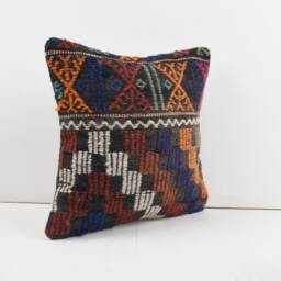 Vintage Turkish Kilim Pillow Cover Handwoven Wool Throw - 16''x16'' - thumbnail 2