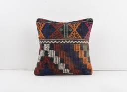 Vintage Turkish Kilim Pillow Cover Handwoven Wool Throw - 16''x16'' - thumbnail 1