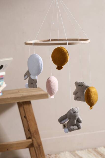 Rabbit Mobile With Cute Bunnies & Colorful Balloons, Gift, Baby Shower, Felt, Handmade, Nursery, Rabbits, For Children's Room - image 1