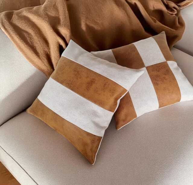 Retro Striped Vegan Leather Pillow Cover - Linen, Camel, Housewarming Gift - image 1