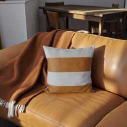 Retro Striped Vegan Leather Pillow Cover - Linen, Camel, Housewarming Gift - thumbnail 2