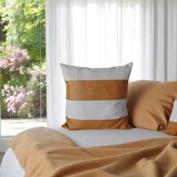 Retro Striped Vegan Leather Pillow Cover - Linen, Camel, Housewarming Gift - thumbnail 3