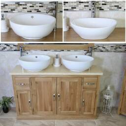 Oak Bathroom Vanity Unit 123cm Wide With Cream Marble Top & Ceramic Basin Set 402cmcbcx2 - thumbnail 2