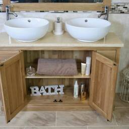 Oak Bathroom Vanity Unit 123cm Wide With Cream Marble Top & Ceramic Basin Set 402cmcbcx2 - thumbnail 3