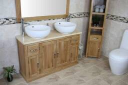 Oak Bathroom Vanity Unit 123cm Wide With Cream Marble Top & Ceramic Basin Set 402cmcbcx2