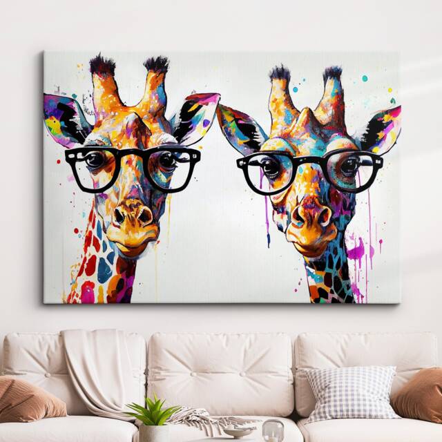 Colorful Giraffes With Glasses Abstract Oil Painting Style Wall Art, Framed Canvas Poster Print, Home Kitchen Office Room Decor, Gifts - image 1
